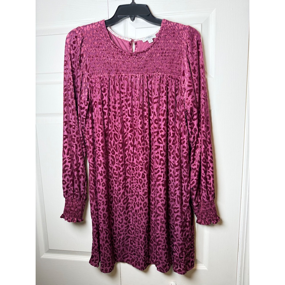 Umgee USA Magenta Pink Leopard Burnout Smocked Babydoll Mini Dress Small